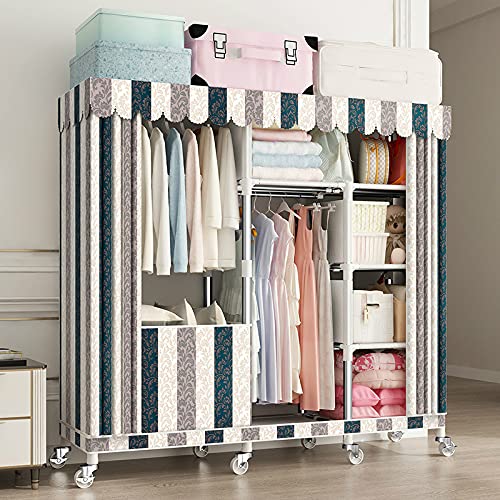 LBBBB Clothing Closet Wardrobe with Wheels, Portable Non-Woven Fabric Garment Clothes Wardrobe Storage Organizer Shelf Rack, DIY Armoire Storage with Hanging Rod,A