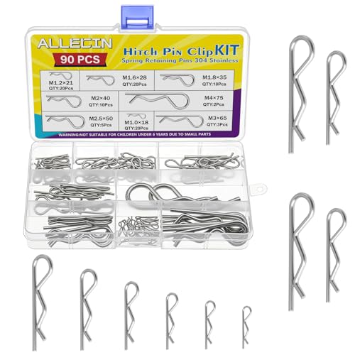 ALLECIN 8 Values 90Pcs Hitch Pin Clip R Clips Spring Retaining Pins 304 Stainless Steel Hairpin Cotter Pin Assortment Kit for Trailer Hitch Locking Machinery Repairs
