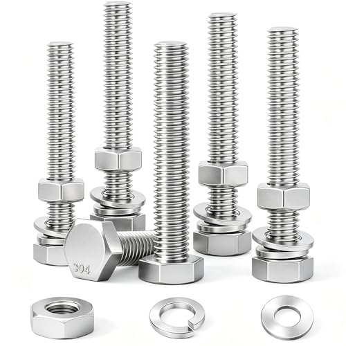 Image of 6 Sets 5 /16-18 x 3 inch Stainless Steel Hex Head Screws Bolts, Flat, Nuts & Lock Washers,Hex Bolts 18-8(304) Full Thread