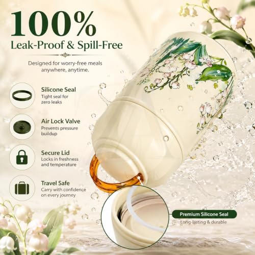 Image of Insulated Stainless Steel 1060ml Lunch Box with 350ml Tumbler | Leakproof Hot Cold Food Container | BPA-Free Cute Tiffin Box for Kids, School, Office, Travel, Picnic (Lily of the Valley Floral)