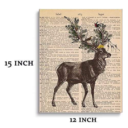 Doi-Lanee Deer Canvas Wall Art, Deer With Flowers Upcycled Vintage Dictionary Art Print, Deer Illustration, Vintage Rustic Deer Canvas Wall Art, Canvas Poster With Frame Ready To Hang (12X15 Inch) #TOP1