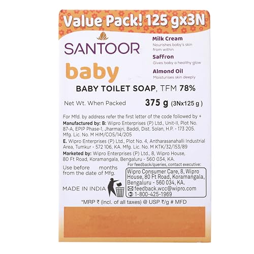 Image of Santoor Baby Bathing Soap with Milk Cream, Saffron, & Almond Oil, 125 g (Pack of 3)