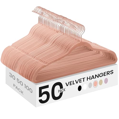 Catálogo de Perchas para comprar hoy. 47 SONGMICS Juego de 50 Perchas de Terciopelo, 41.5 cm de Largo, con Ganchos Giratorios de 360°, para Camisas de Abrigo Completas, Rosa MCRF026P02
