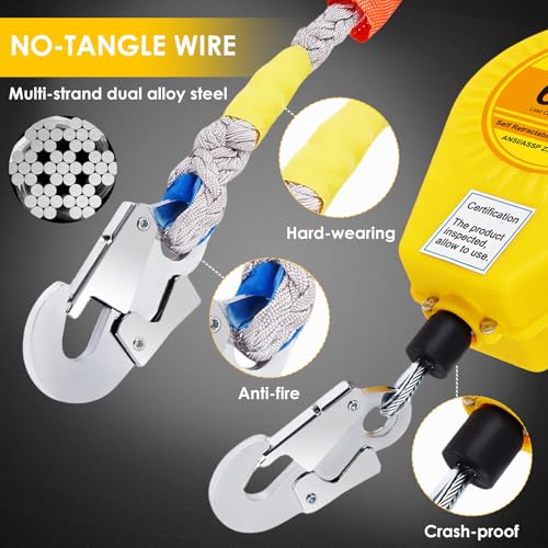 Image of Fall Arrester Protector Self Retractable 66FT Fall Protection Gear Double Locking, Dual PPE+Alloy Steel housing Heavy Duty Lifeline Safety Lanyard Rope Cable Wire Roofing Construction
