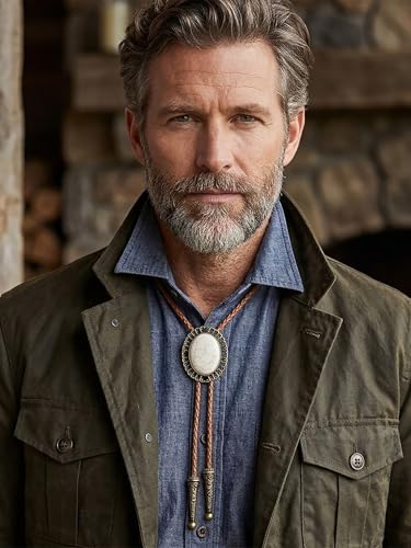 Image of Jeilwiy Bolo Tie for Men Real Stone Westwern Cowboy Ties Silver Bolos Women Leather Necktie Gift for Birthday Christmas