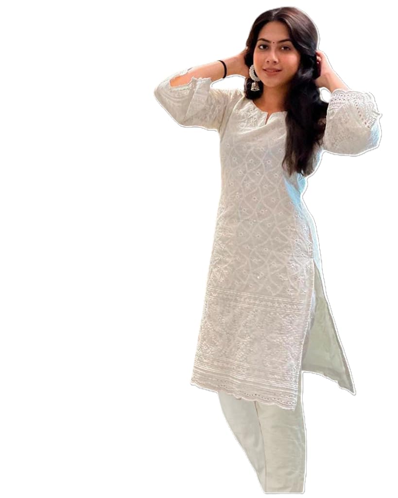 KAYRAAH| Hand Embroidered Chikankari Georgette Kurta for Women | Kurta | 3/4th Sleeves | Round Neck | Ethnic Kurta | Ideal for Casual, Festive, Wedding & Parties-image-5