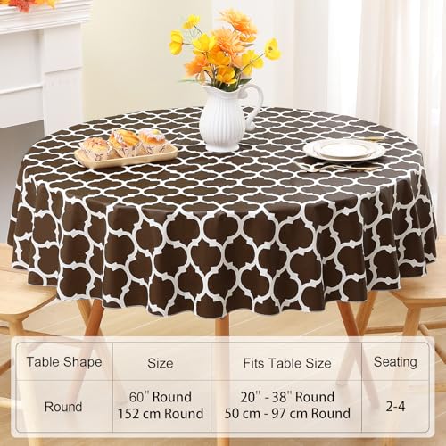 Image of Smiry Round Table Cloth, Flannel Backed Vinyl Tablecloth, 60 inch Round | Waterproof Plastic Tablecloths, Wipeable Table Cover for Dining, Indoor and Outdoor (Coffee)