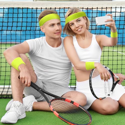 Image of 24 Pieces 80s Neon Sweatbands Set, Include 8 Sports Headbands and 16 Sweat Wristbands Elastic Athletic Tennis Sweat Bands Bulk for Man Woman