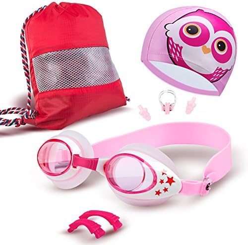 Olmesar Swimming Goggles + Swim Cap + Drawstring Backpack Bag + Nose Clip + Ear Plugs, Swim Glasses Anti Fog UV Protection with 3 Sizes Replaceable Nose Pieces for Kids, Child from 2 to 6 Years Old