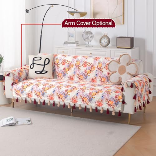 Image of HOKIPO Sofa Cover with Tassel for 3 Seater Sofa | Full Protection for Seat and Back | Printed Holland Velvet Fabric | 'Whispers of Nature' (160x175 cm), Vintage Rose Bloom (IN-1127-D12)