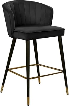 Meridian Furniture 793Black-C Cassie Collection Modern | Contemporary Velvet Counter Height Stool with Channel Tufting and Gold Tipped, Black Metal Legs, Black, 20" W x 21" D x 36.5" H, Set of 2