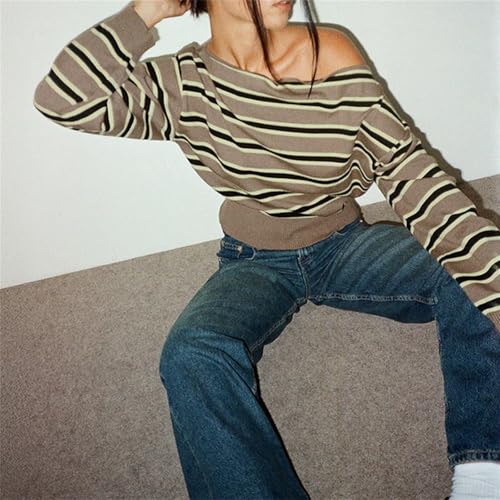 Women Y2k Oversized Striped Sweaters Teen Girl Vintage Harajuku Loose Sweater Long Sleeve Off The Shoulder Jumpers4