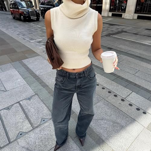 FindThy Women’s Turtleneck Sweater Vest Trendy Sleeveless Ribbed Knit Solid Color Cropped Pullover Tank Tops3