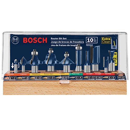 BOSCH RBS010 10-Piece 1/2 in. and 1/4 in. Shank Carbide-Tipped All-Purpose Professional Router Bits Assorted Set with Case for Applications in Straight, Trimming, Decorative Edging, Dovetail Joinery by Bosch - Used condition - US$106.67