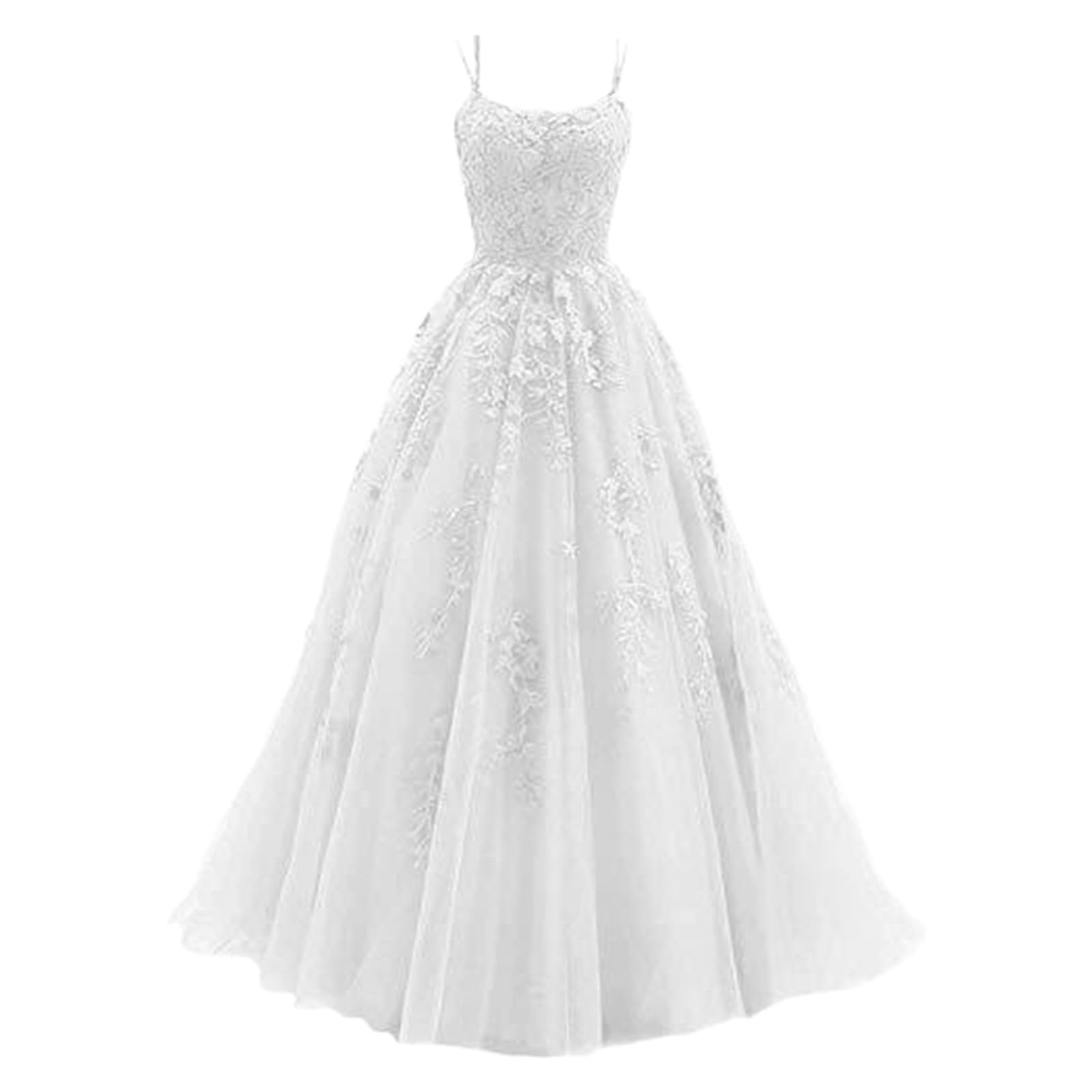 Vestito Sposa Bianco Spaghetti Abito Lungo da Festa con Applicazioni di Pizzo in Stoffa per Vestiti Eleganti