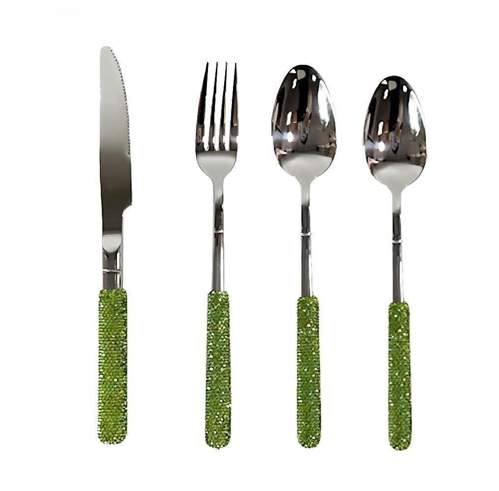 Romantic LOVE Lussuoso Set Di Posate in Acciaio Inossidabile Con Manico A Diamante Da 4 - Posate Esclusive Per Donna, Regali Di Compleanno, Regali Di Natale Per I Nuovi Arrivati (Verde)