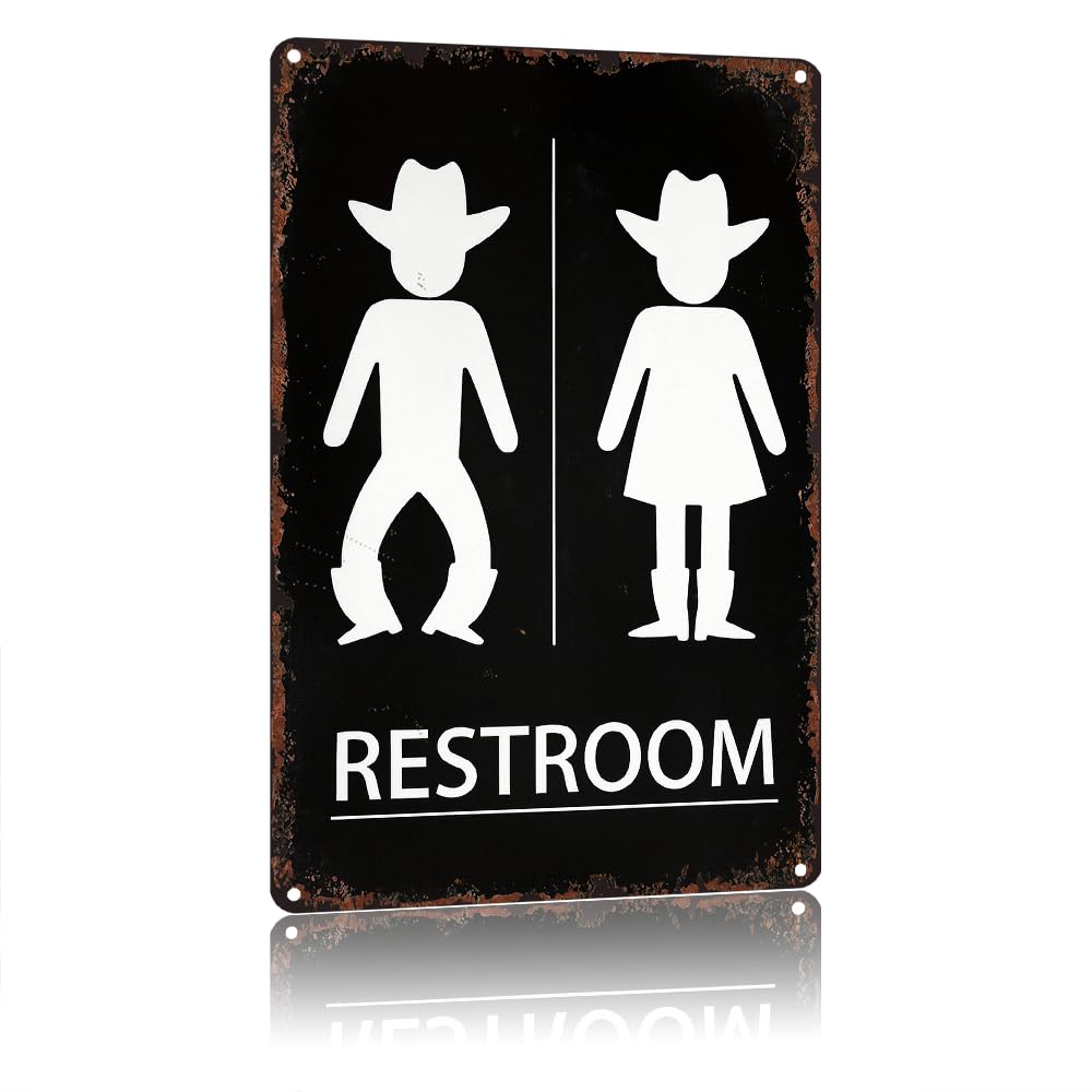 Vintage Western Cowboy Cowgirl Restroom Sign, Funny Metal Poster, Aluminum 12 x 8 Inch for Bathroom