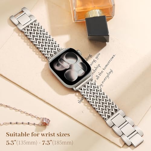 Image of Metal Band Compatible with Apple Watch Bands for Women 40mm 41mm 42mm 38mm 44mm 45mm 46mm 49mm, Dressy Stainless Steel Link Bracelet, Designer Strap for iWatch Series 11 /SE /10 /9 /8 /7 /6 /5 /4 /3 /2 /1 /Ultra