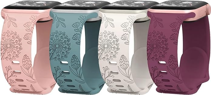 OXAI Silicone Bands for Apple Watch Strap 41mm 40mm 38mm, Cute Soft Silicone Dandelion Engraved Flower Strap for iWatch SE2|SE Series 8 7 6 5 4 3 2 1 [Pack Of4][WATCH NOT INCLUDED]