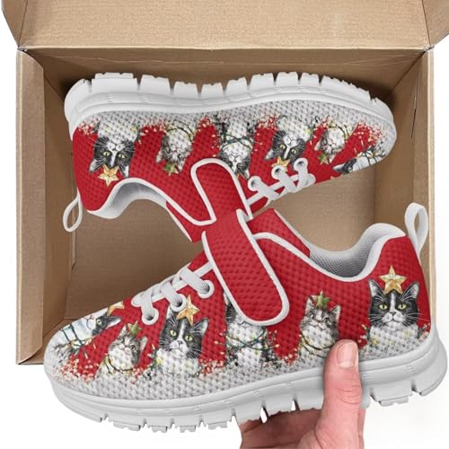 Kids Sneakers for Boys Girls Running Tennis Shoes Lightweight Breathable Sport Athletic Christmas Cats Pattern White Sole2