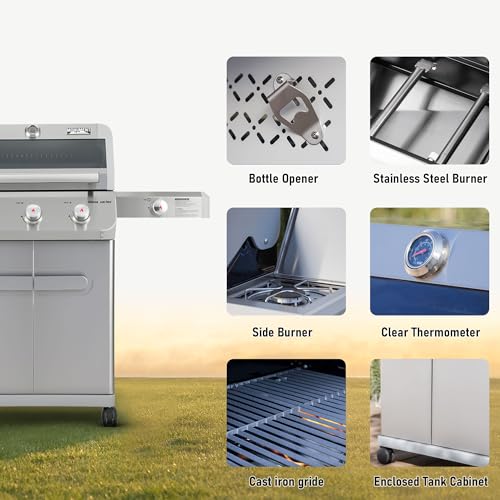 Image of Monument Grills Outdoor Barbecue Stainless Steel 3 Burner Propane Gas Grill, 48,000 BTU Patio Garden Grill with Side Burner and Knob Controls, Mesa305 with Smoker Box