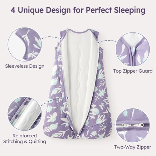 Image of Baby Sleep Sack 12-18 Months TOG 2.5 Winter Baby Wearable Blanket, 100% Cotton Toddler Sleeping Sack with 2-Way Zipper Warm Soft Purple Leaf