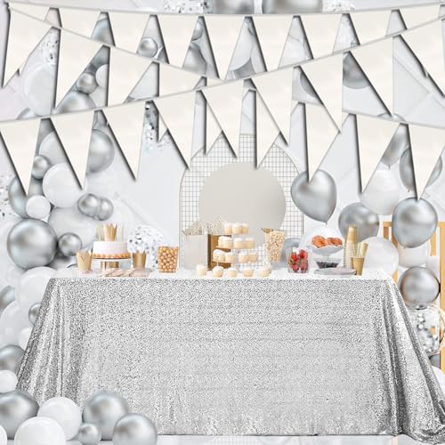 Image of 40M /130FT White Triangle Pennant Banner Flag Metallic Fabric Bunting Garland for Christmas Graduation Wedding Engagement Anniversary Bachelorette Birthday Bridal Shower Valentines Hen Party Supplies