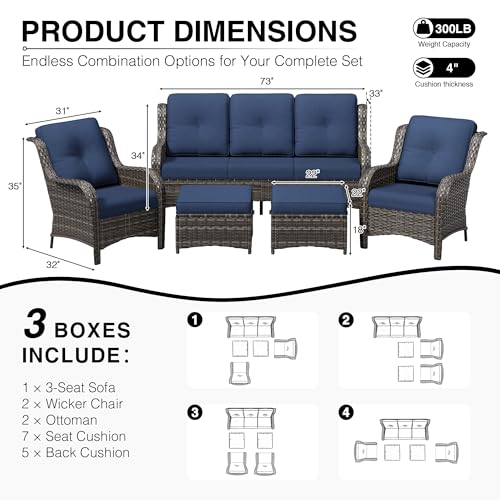 Image of Joyside 5 Piece Wicker Patio Furniture Set, Rattan Patio Chairs with High Back, Deep Seating, Wide Armrest, Thickened Cushions, Outdoor Furniture for Deck, Porch Use