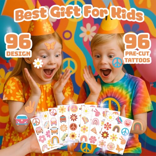 Image of 96 PCS Groovy Temporary Tattoos for Kids - Retro 60s 70s Hippie