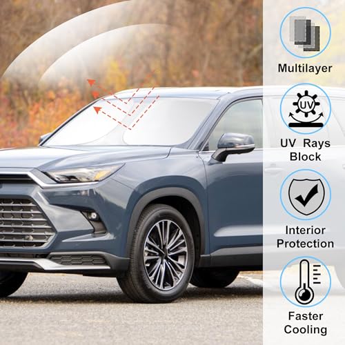 Image of Windshield Sun Shade Custom Fit for 2024 2025 2026 Toyota Grand Highlander Accessories Foldable Sunshade Sun Blocker Protect Car from Sun Rays & Heat Damage Keep Car Cooler