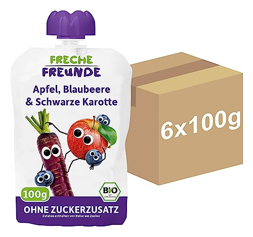 FRECHE FREUNDE Bio Quetschie Apfel, Blaubeere und Schwarze Karotte, Fruchtmus mit Gemüse im Quetschbeutel für Babys ab 1 Jahr, glutenfrei & vegan, 6-er Pack (6 x 100 g)