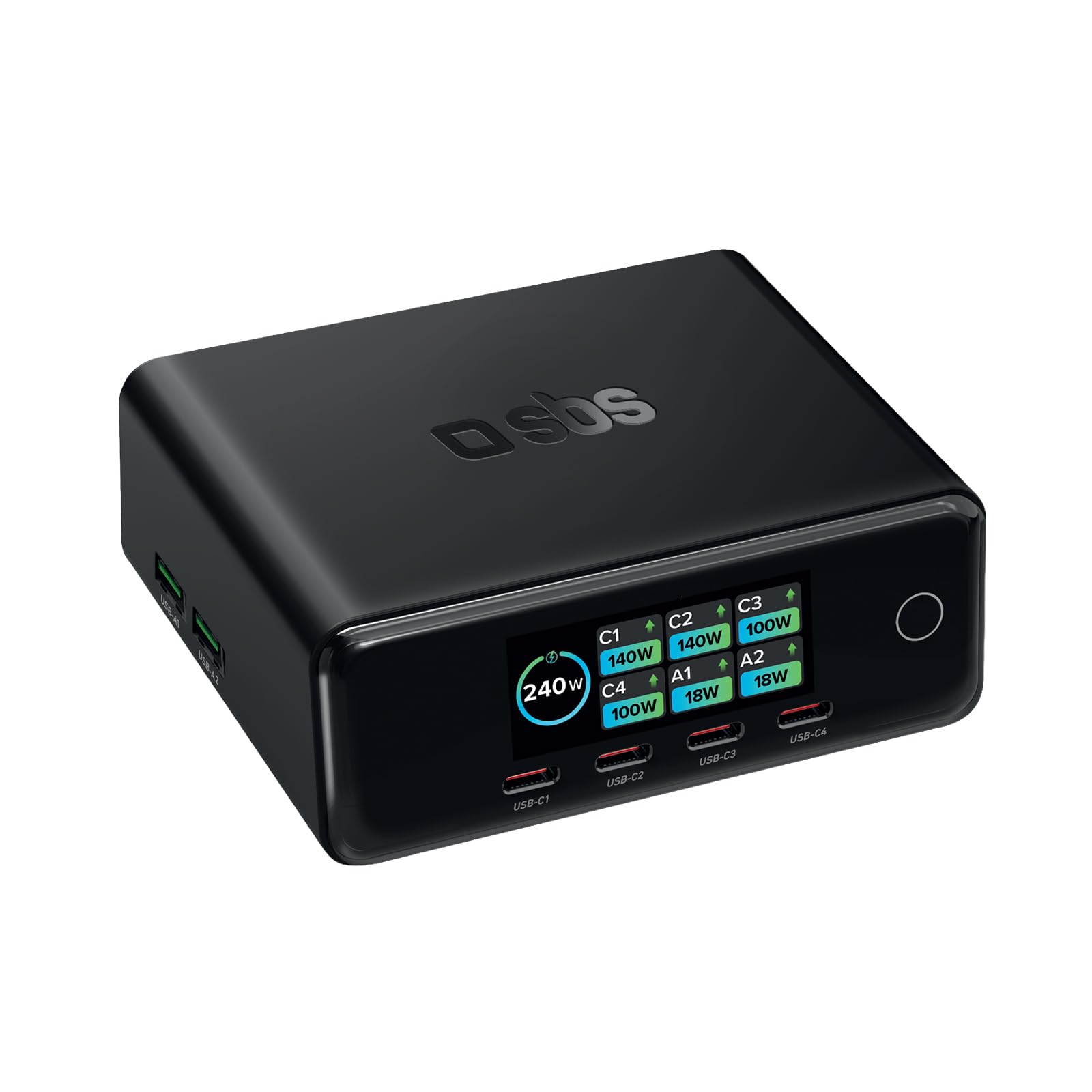 SBS Pulse Power Station 240W, Tecnologia GaN, Power Delivery (PD 3.1 PPS) | Smart Display, 6 Porte: 4x USB-C, 2x USB-A, Alimentatore con Ricarica Rapida, Caricatore per Notebook, Tablet, Smartphone