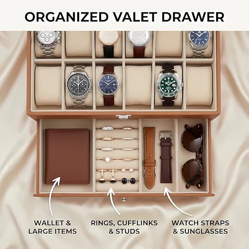 Image of Folk Creations Watch Box Organizer for Men & Women - 12 Slot Double Layer Luxury Watch Case, Premium PU Leather Jewelry Display Case with Transparent Top, Large Watch Holder & Tray Storage (Tan)