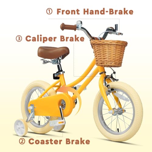 Petimini 14 Inch Little Kids Bike for Age 3 4 5 Years Old Girls Retro Vintage Style Bicycles with Basket Training Wheels and Bell, Yellow by Petimini - Image 6