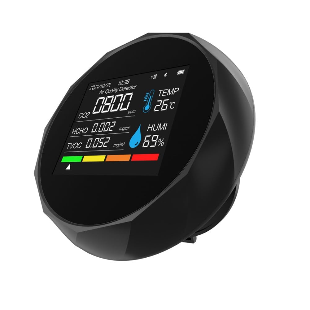 Détecteur de dioxyde de carbone 6 en 1 Moniteur de qualité de l'air avec mesure de la température et de l'humidité TVOC, connectivité smartphone, alertes de couleur et alarme sonore, noir ou