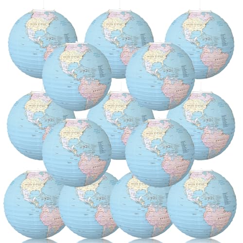 14 Pcs 10 Inch Globe Hanging Paper Lanterns,World Map Paper Lanterns,Around The World Earth Day Decorations,Travel Map Globe Theme Party Decorations for Home Classroom Earth Theme Party Decor