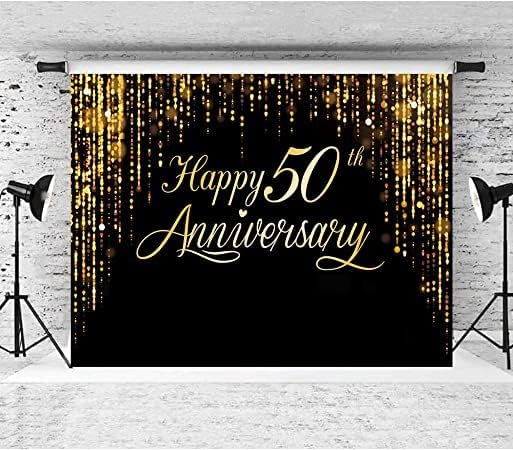 Image of Anniversary Backdrop for Happy 50th Party, Black Gold Background Glitter Bokeh Dots Wedding Anniversary Party Photo Background Cake Table Extra Large Wall Decor Props (73'' x 50'')