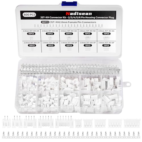 Nadisean 600 PCS JST Connector Kit 2.00mm Pitch, JST-PH 2/3/4/5/6 Pin Housing Female and Male Connector Plug, with Female Pin Crimp Terminal, Adapter Cable Connector Male and Female with Storage box