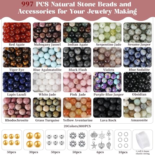 Image of Zefy 996Pcs 6mm Natural Stone Beads, Round Crystal Bead Real Stones, Gemstone Beads Kit with Spacer Beads Charms for Bracelets Jewelry Making (20 Colors)