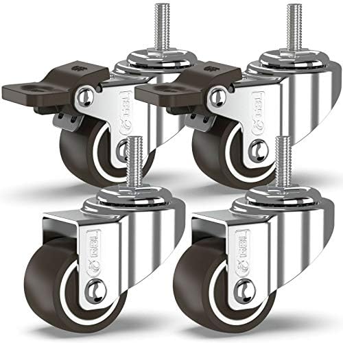 GBL Heavy Duty Castor Wheels with 2 Brakes + Screws - M6 25x15mm Bolt up to 40KG - Pack of 4 No Floor Marks Silent Caster for Furniture - Small Rubbered Trolley Wheels - Silver Castors