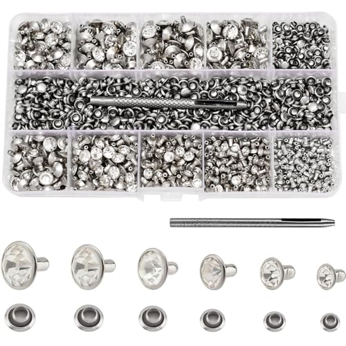 RUBYCA 600 Sets Czech White Clear Crystal Rhinestone Rapid Rivets Silver Color Metal Studs DIY LeatherCraft Kit for Clothing, Wedding, Art and Crafts with a Leather Hole Punch Tool