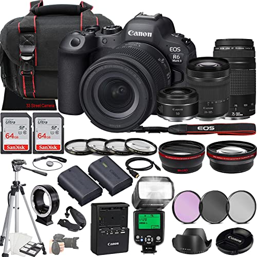 Canon EOS R6 Mark II Mirrorless Camera w/RF 24-105mm f/4-7.1 is STM Lens + EF 75-300mm f/4-5.6 III Lens + RF 50mm f/1.8 STM Lens + 2X 64GB Memory + Case + Filters + TTL Flash + More (35pc Bundle)