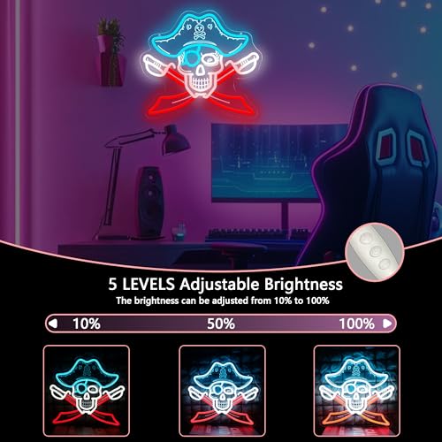 Image of Pirate Skull Neon Sign, USB Powered LED Light for Room Decor | Skull Wall Decor for Bedroom, Game Room, Halloween Party, Bar, Pirate Theme and Gift