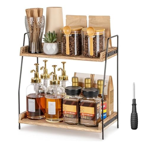 2-Tier Wooden Coffee Station Organizer - Elegant Kitchen Countertop Coffee Bar Organiser with Screwdriver, Essential Coffee Condiment Storage