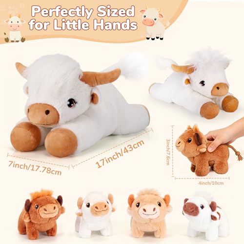 Image of gnomantic Highland Cow Stuffed Animals with Babies, Mommy Toy for Kids | 5-Piece set: 1 mommy highland cow + 4 surprise babies inside. Unzip belly to reveal babies. Ultra-soft, safe for ages 3-8.