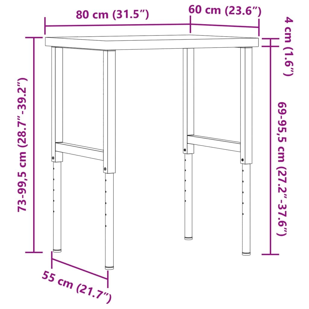 Banco de trabajo de madera maciza de acacia con estructura de metal pulverizada regulable en altura, 80 x 60 x (73-99,5) cm, mesa de trabajo rectangular para taller, garaje, sala de ocio con