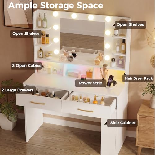 Image of LUCKRACER Vanity Desk with LED Lights Mirror & Charging Station, White Makeup Vanity with Storage Drawers and Shelves, Modern Dressing Table for Women Girls Bedroom, White