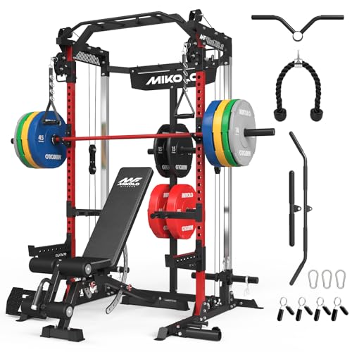 Mikolo Power Cage, 2000LB Power Rack with Independent Dual Pulley System, Multi-Function Home Gym Workout Machine for Cable Crossover and Squat(370LBS, Red)