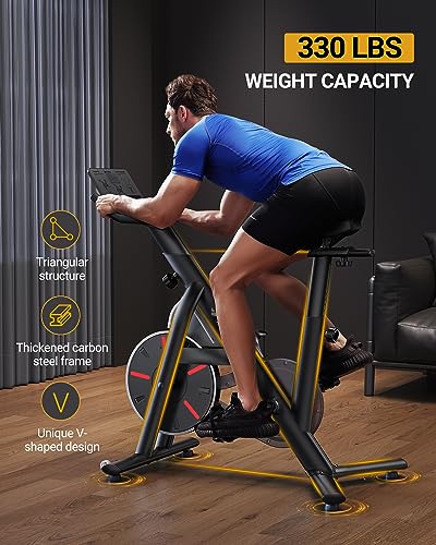 Image of Merach Exercise Bike, Magnetic Friction Stationary Bike with Brake Pad and Exclusive App, Low Noise Indoor Cycling Bike with 300lbs Weight Capacity, Tablet Mount and Fitness Courses for Weight Loss