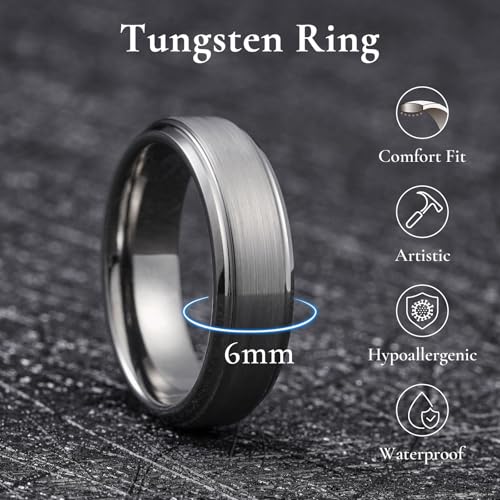 Image of King Will Classic Tungsten Wedding Band for Men, 6 /7 /8 /9 /10mm Widths, Polished Finish Step Edge Matte Rings Comfort Fit